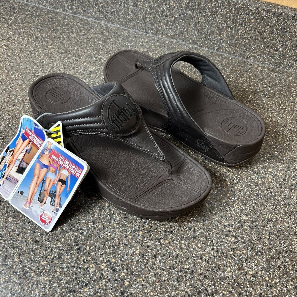 FitFlop Wobble Board Brown Thong Leather Summer Sandal Womens 10 Comfort Slip On